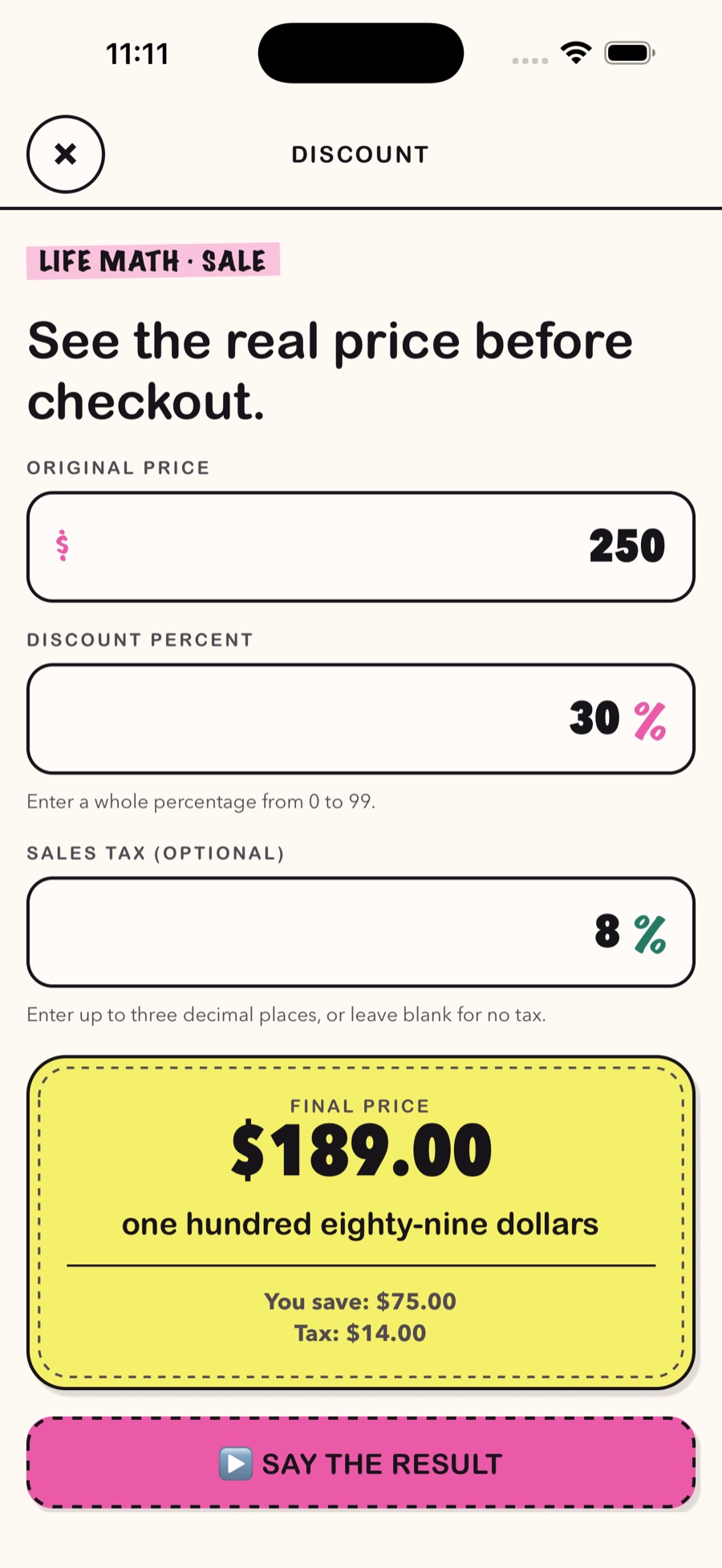 GeoNum discount and sales tax calculator result