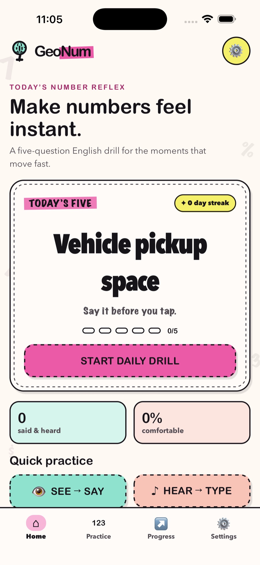 GeoNum home screen with Today’s Five and quick practice buttons