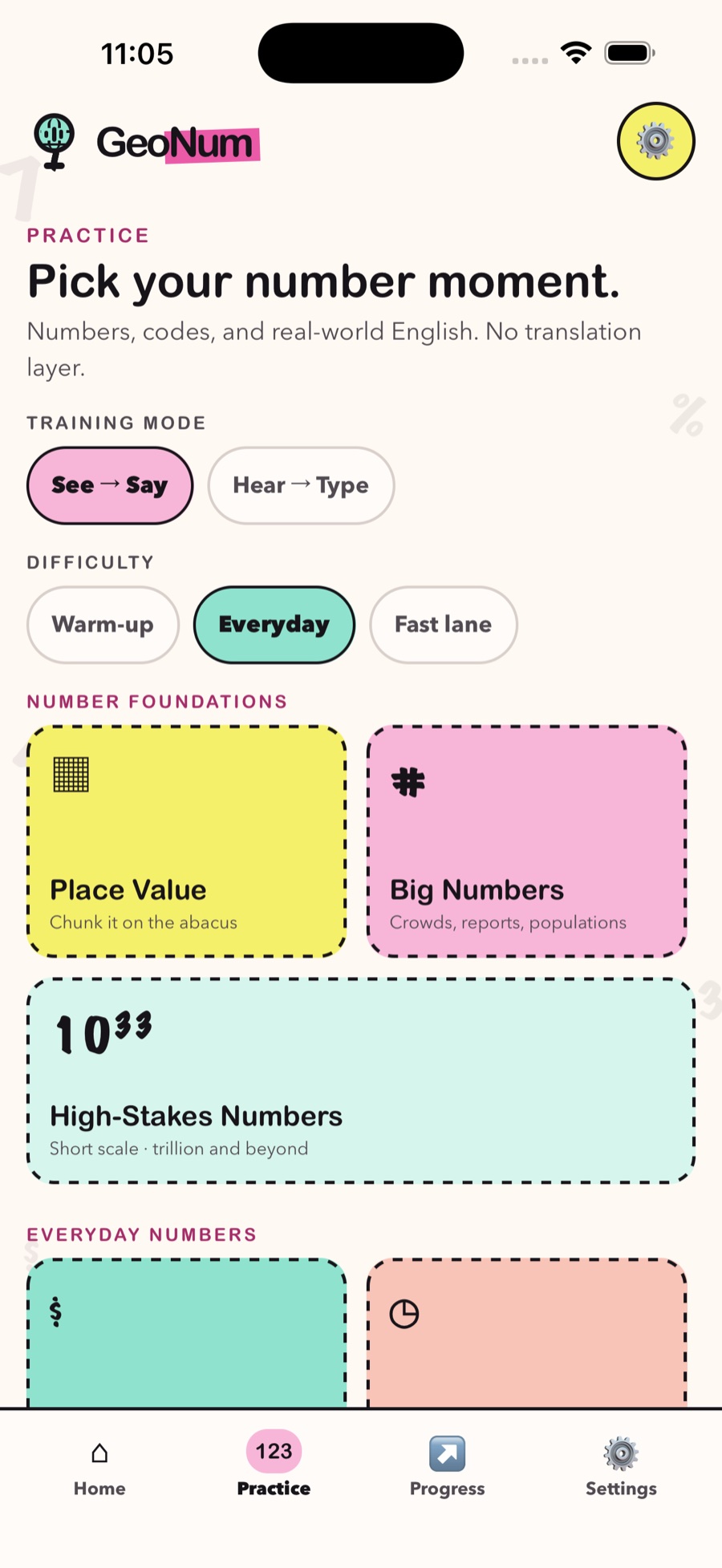GeoNum practice catalog with mode, difficulty, and category choices
