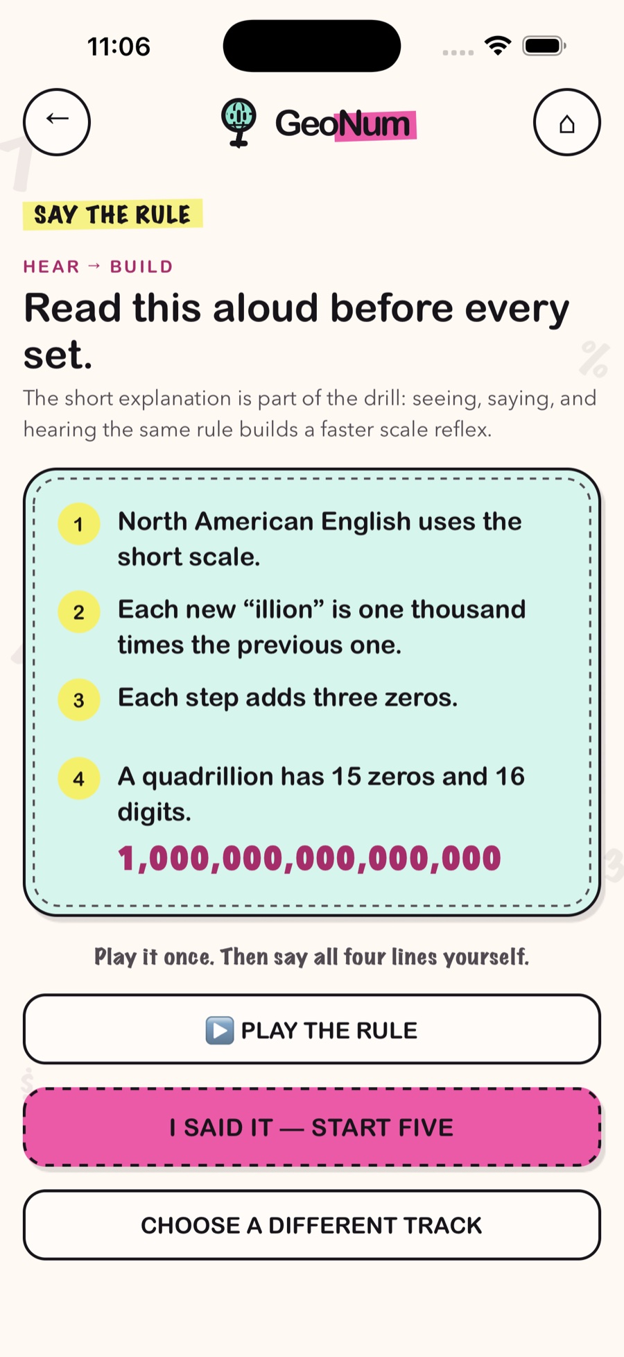 GeoNum short-scale rule card with quadrillion example