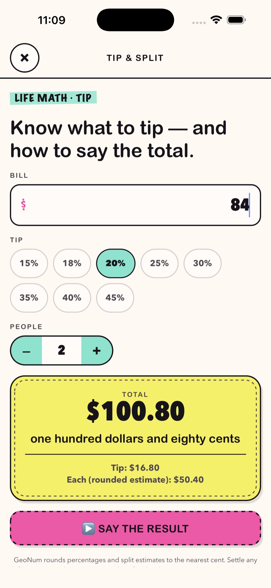 GeoNum tip and split calculator result